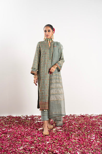 3 Pc Embroidered Raw Silk Slub Suit With Yarn Dyed Silk Dupatta