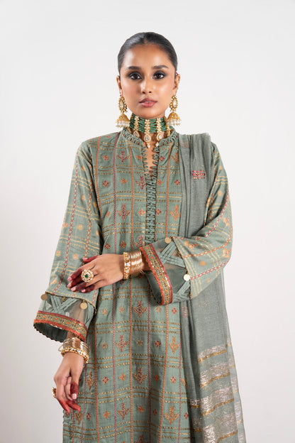 3 Pc Embroidered Raw Silk Slub Suit With Yarn Dyed Silk Dupatta