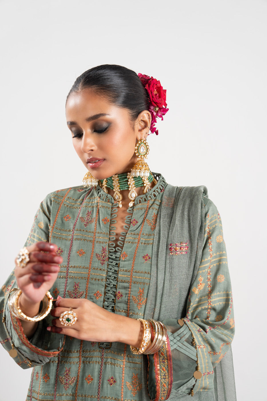 3 Pc Embroidered Raw Silk Slub Suit With Yarn Dyed Silk Dupatta