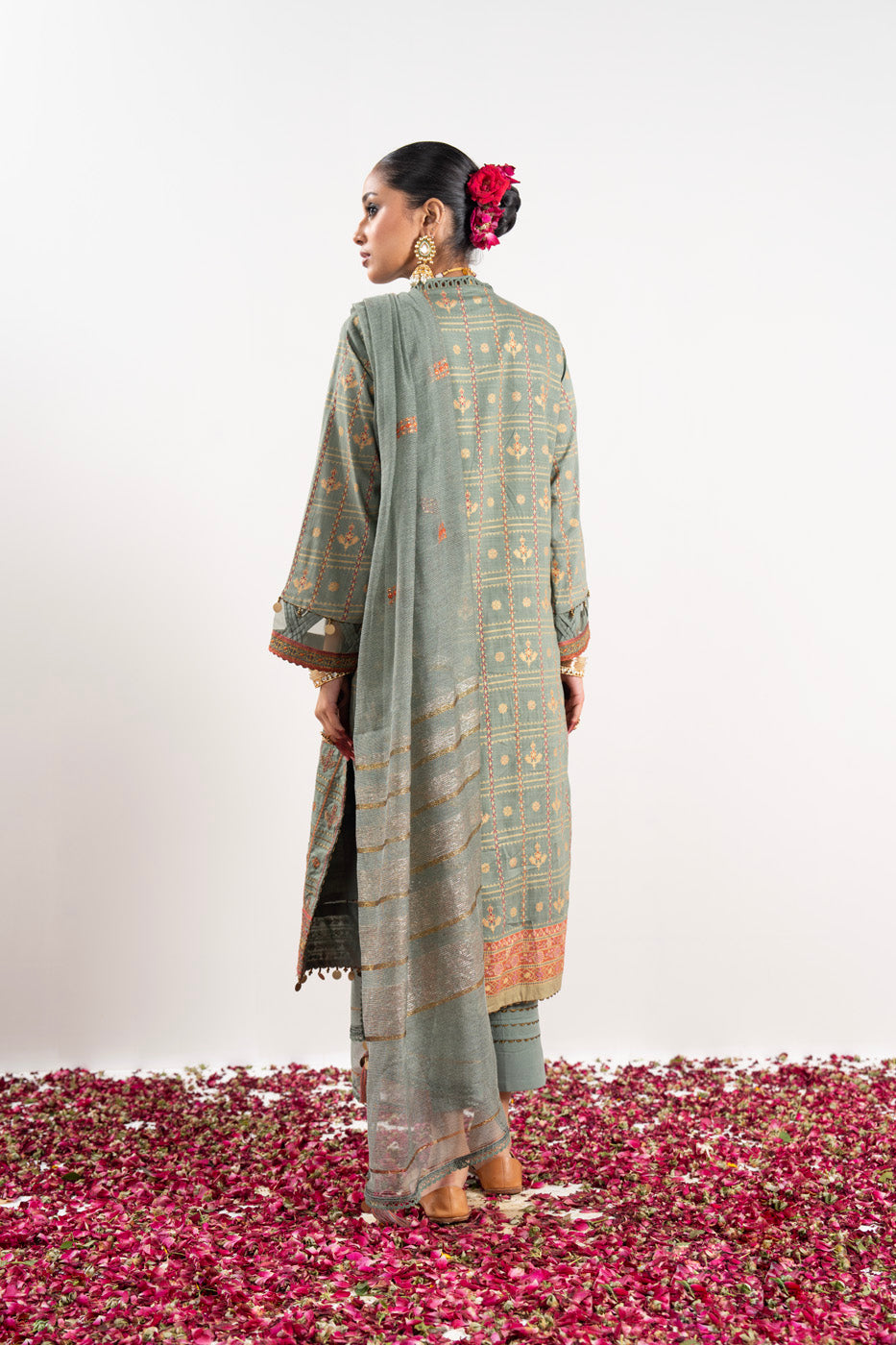 3 Pc Embroidered Raw Silk Slub Suit With Yarn Dyed Silk Dupatta