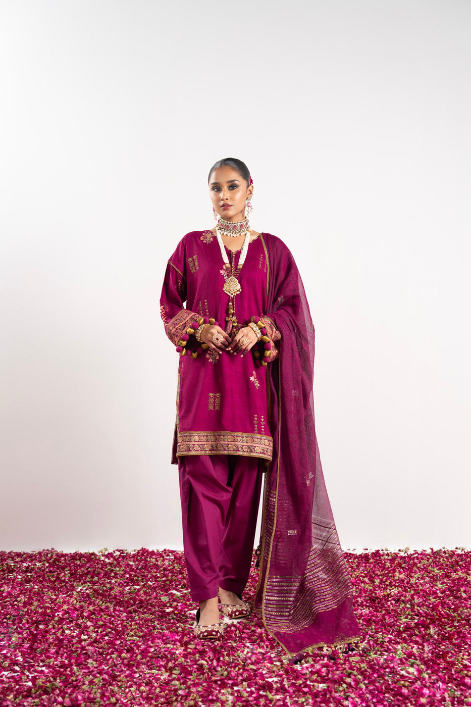 3 Pc Embroidered Raw Silk Slub Suit With Yarn Dyed Silk Dupatta