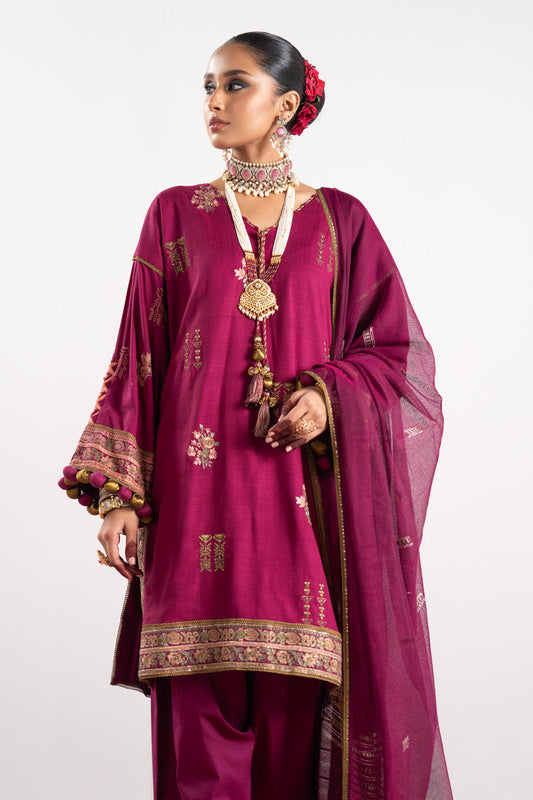 3 Pc Embroidered Raw Silk Slub Suit With Yarn Dyed Silk Dupatta