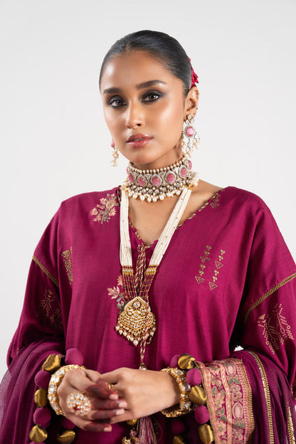 3 Pc Embroidered Raw Silk Slub Suit With Yarn Dyed Silk Dupatta