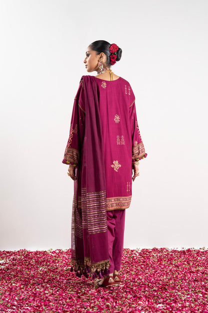3 Pc Embroidered Raw Silk Slub Suit With Yarn Dyed Silk Dupatta