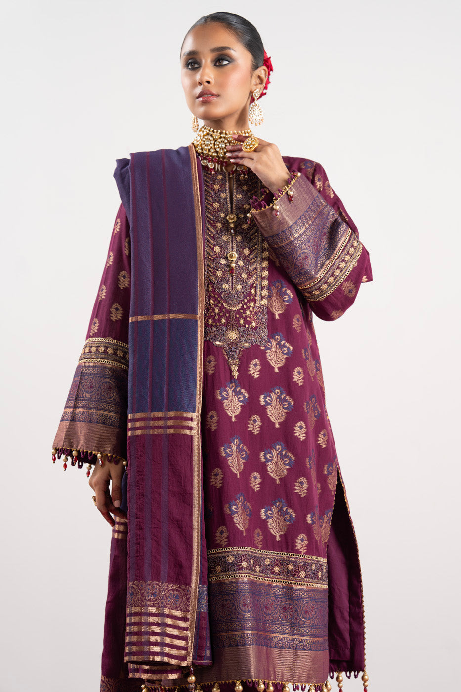 3 Pc Embroidered Jacquard Suit With Jacquard Dupatta
