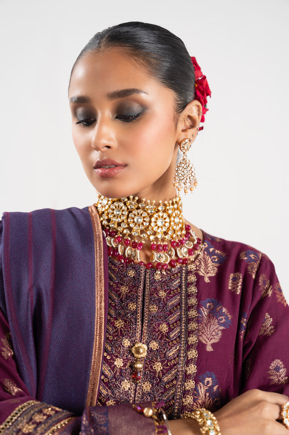 3 Pc Embroidered Jacquard Suit With Jacquard Dupatta