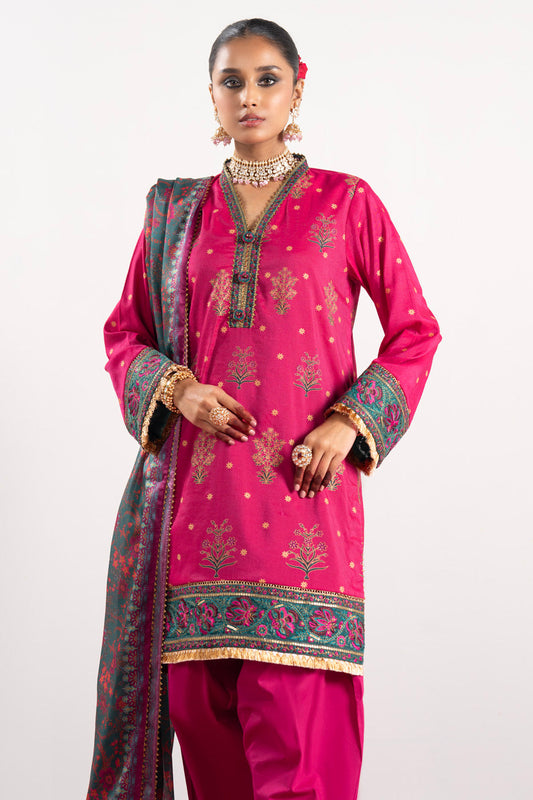 3 Pc Embroidered Thick Cambric Suit With Silk Dupatta
