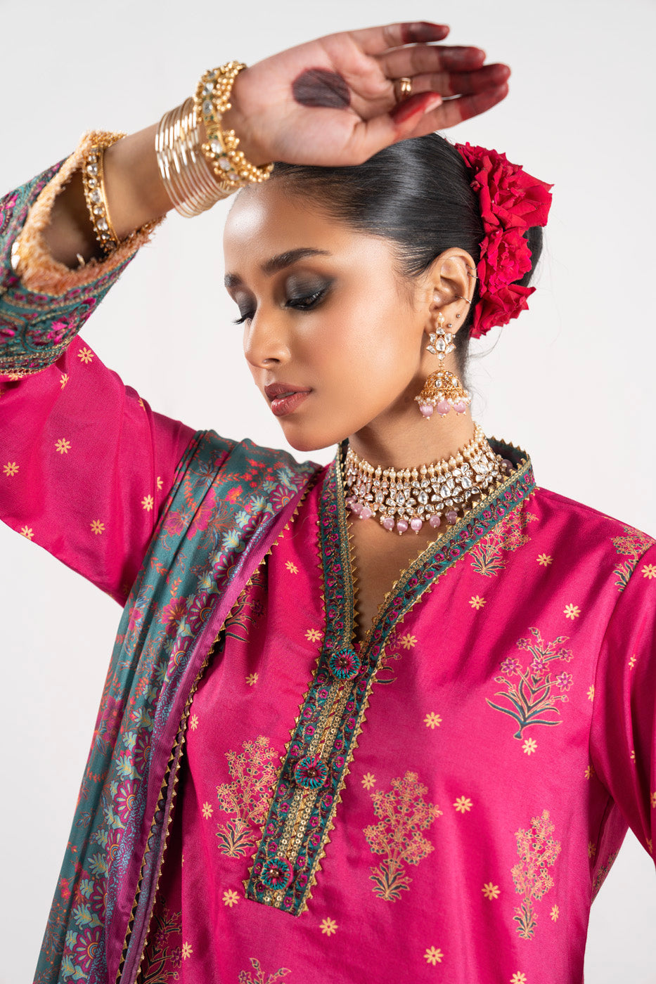 3 Pc Embroidered Thick Cambric Suit With Silk Dupatta