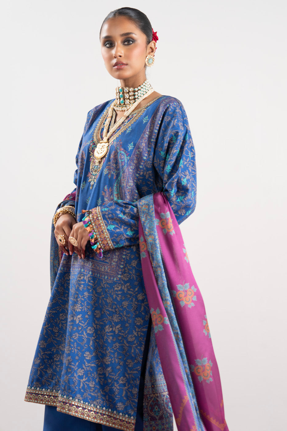 3 Pc Embroidered Thick Cambric Suit With Silk Dupatta