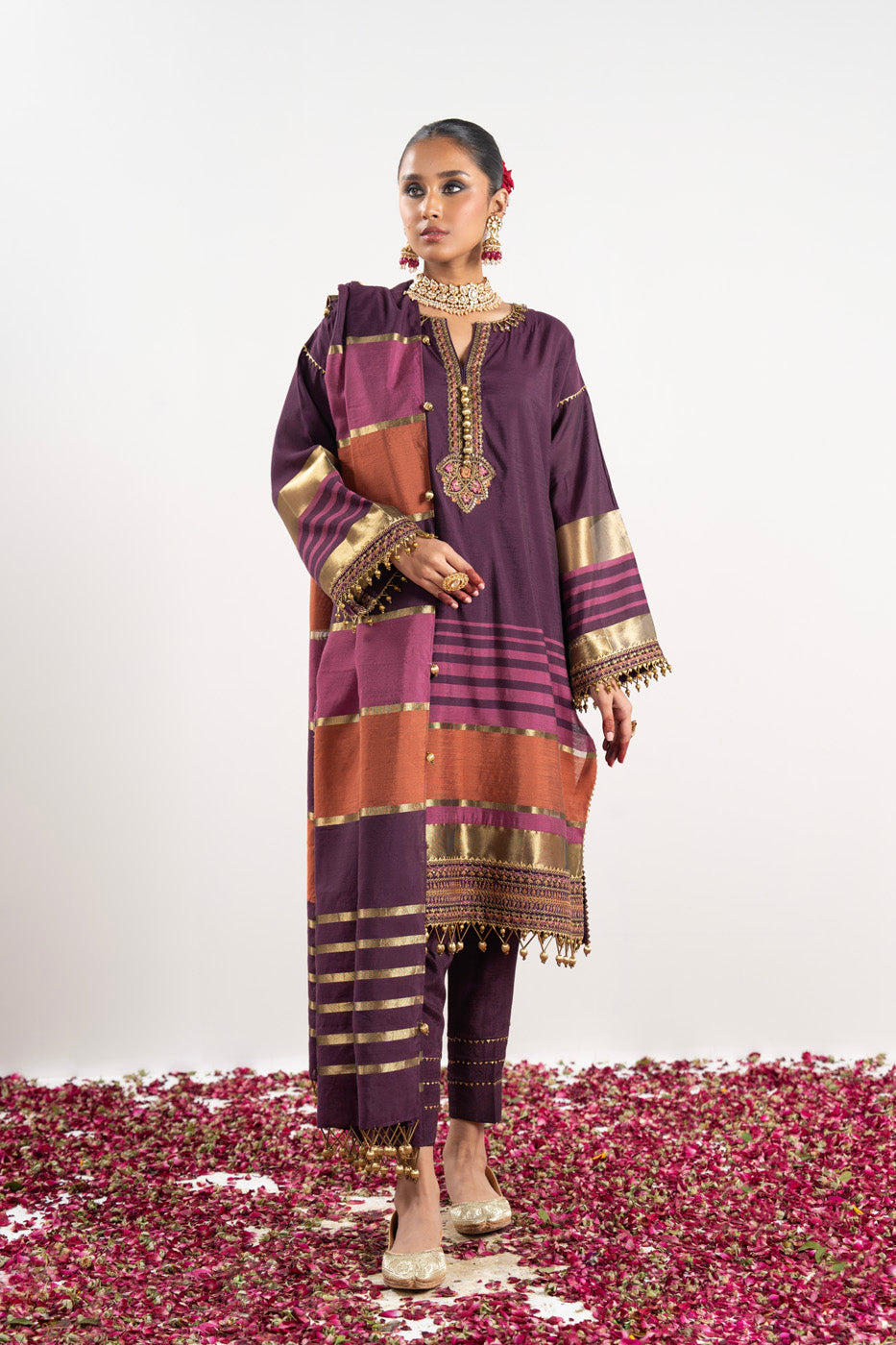 3 Pc Embroidered Yarn Dyed Silk Suit With Yarn Dyed Dupatta