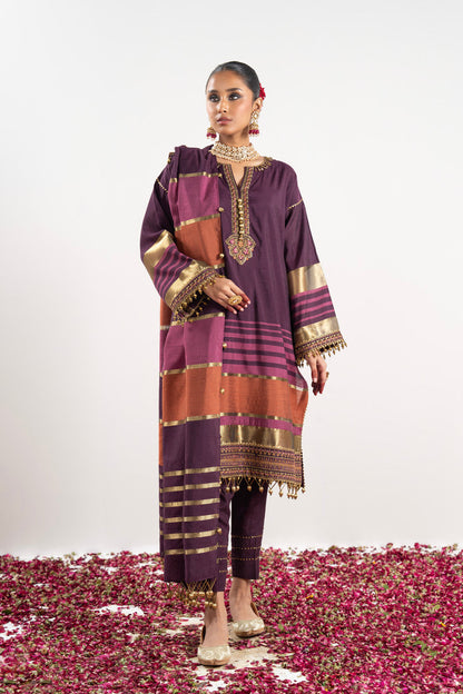 3 Pc Embroidered Yarn Dyed Silk Suit With Yarn Dyed Dupatta