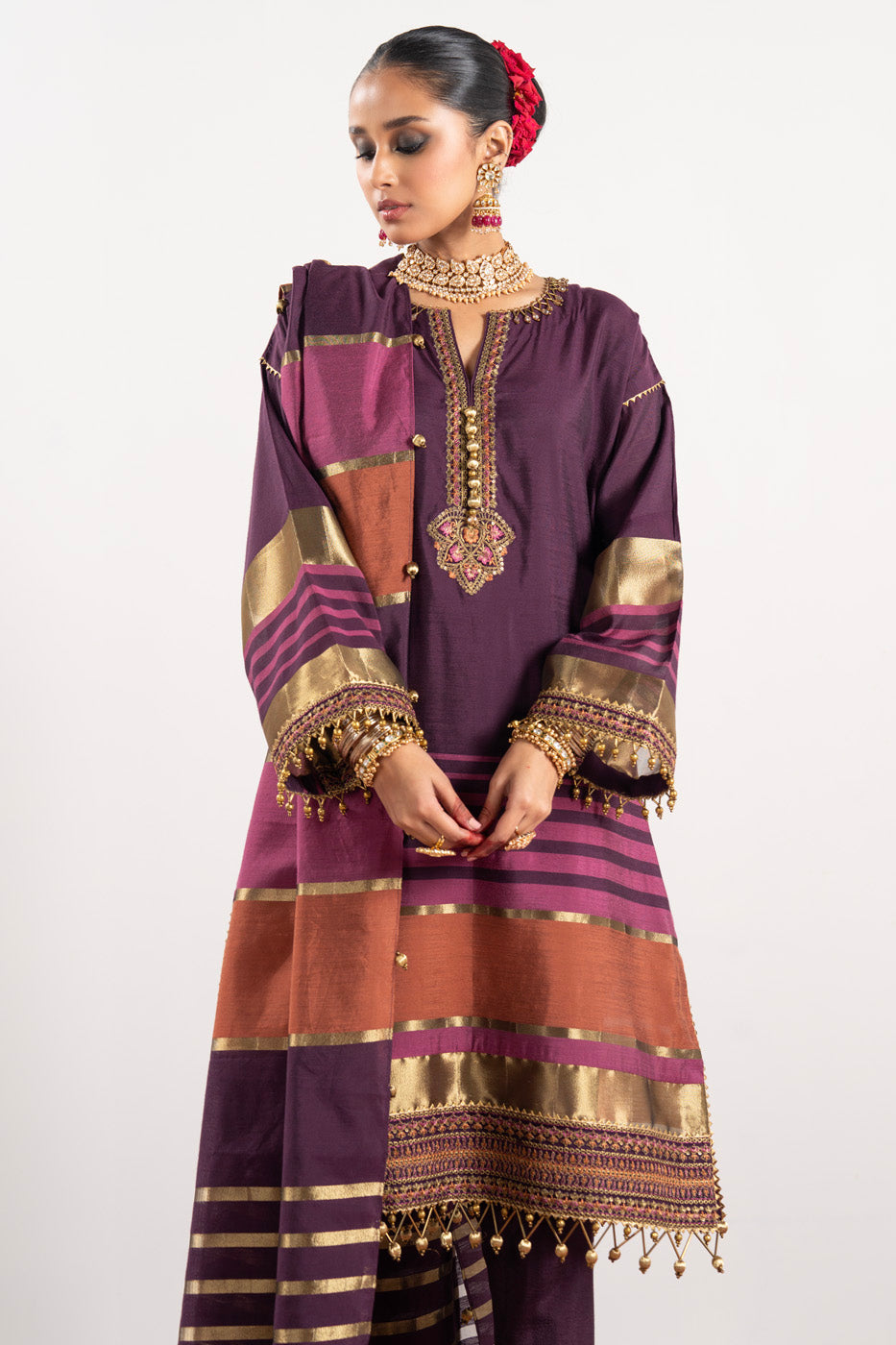 3 Pc Embroidered Yarn Dyed Silk Suit With Yarn Dyed Dupatta