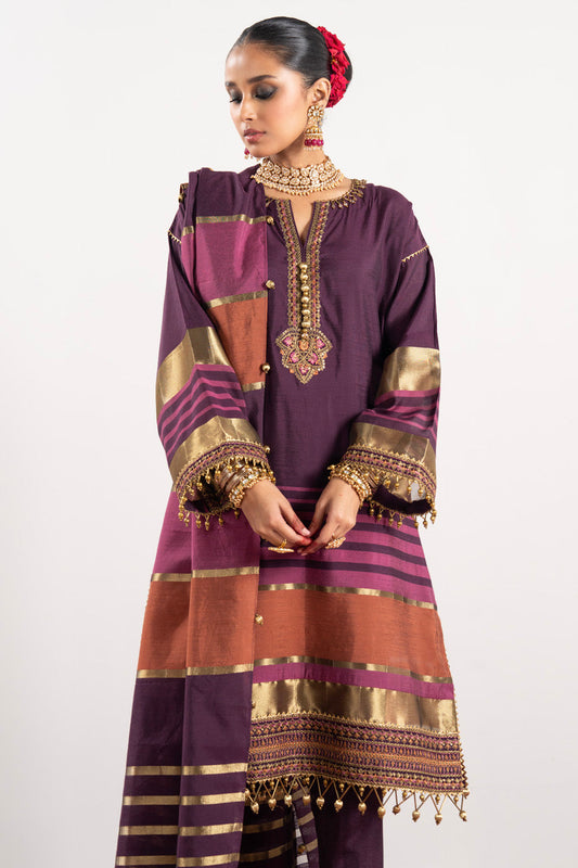3 Pc Embroidered Yarn Dyed Silk Suit With Yarn Dyed Dupatta