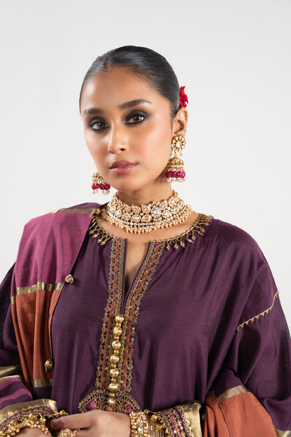 3 Pc Embroidered Yarn Dyed Silk Suit With Yarn Dyed Dupatta