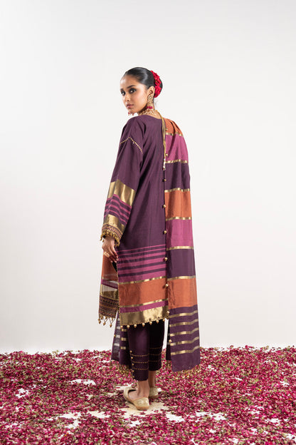 3 Pc Embroidered Yarn Dyed Silk Suit With Yarn Dyed Dupatta