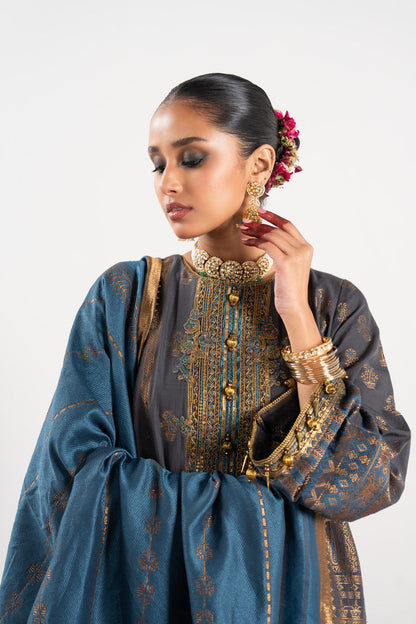 3 Pc Embroidered Jacquard Suit With Jacquard Dupatta