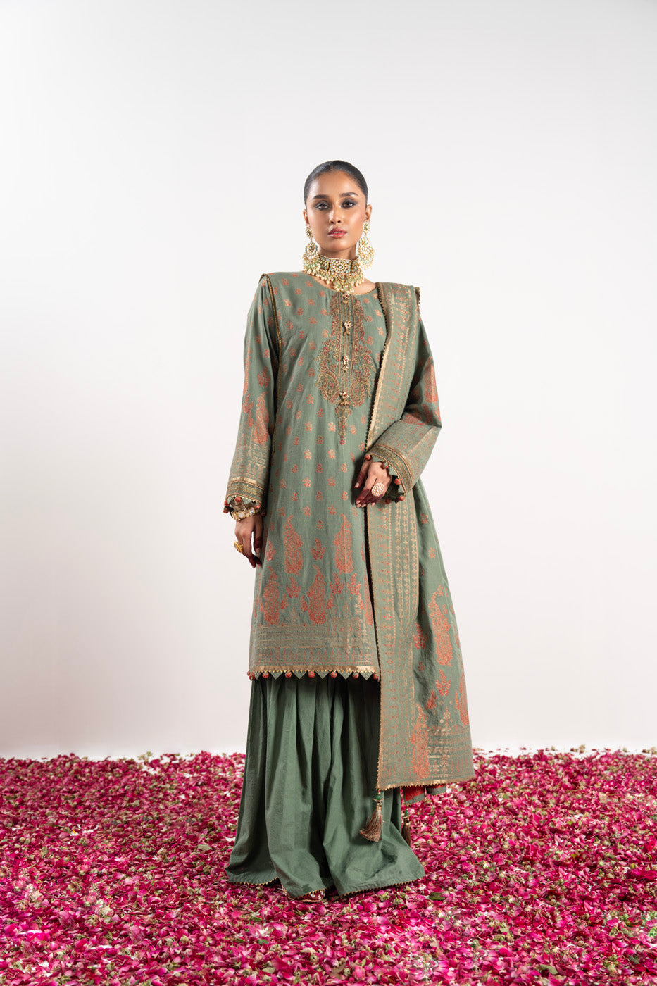 3 Pc Embroidered Jacquard Suit With Jacquard Dupatta