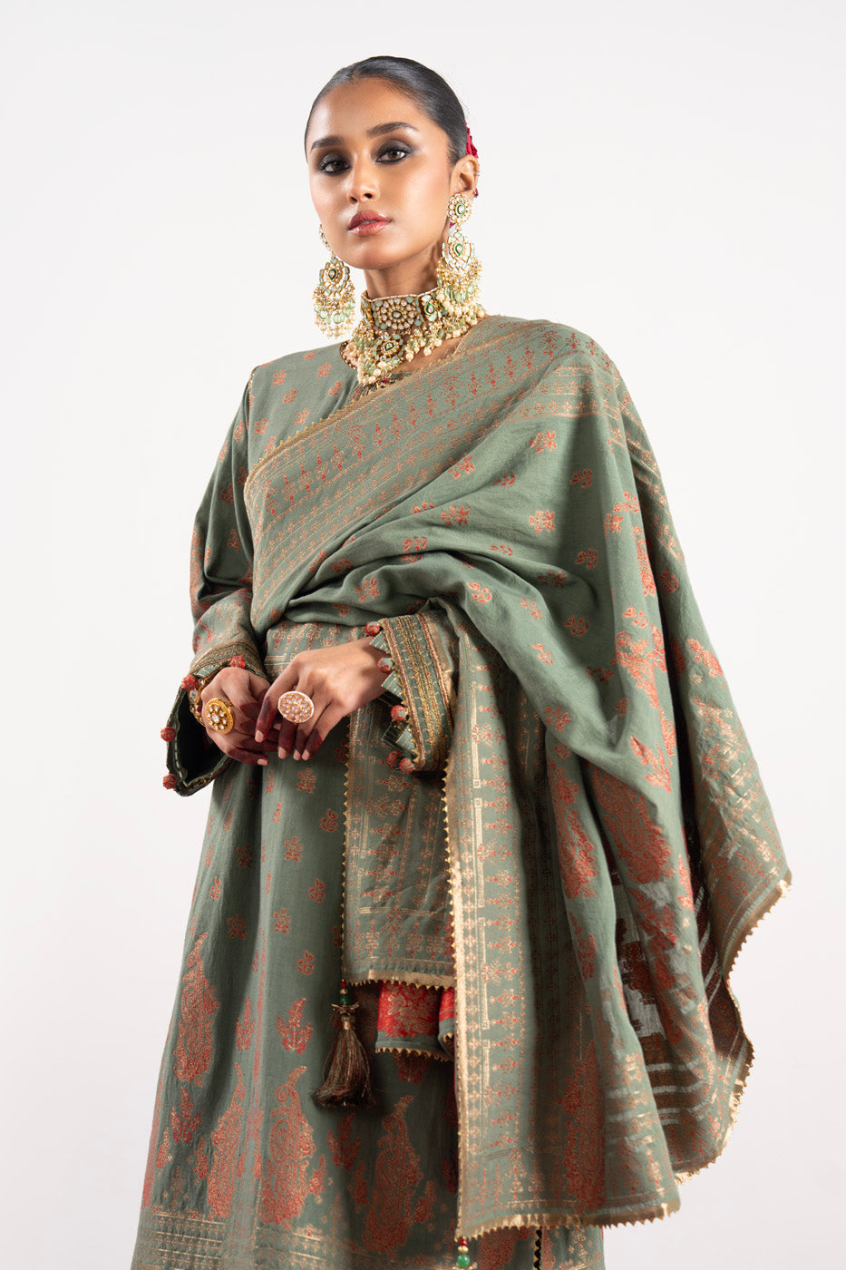 3 Pc Embroidered Jacquard Suit With Jacquard Dupatta