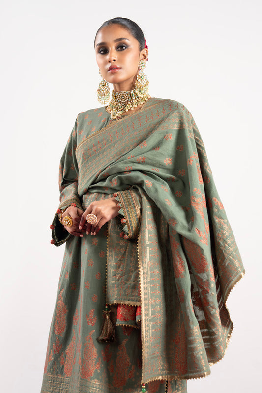 3 Pc Embroidered Jacquard Suit With Jacquard Dupatta