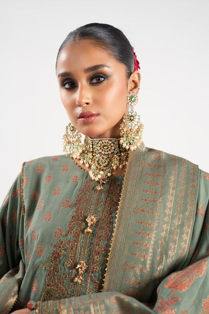 3 Pc Embroidered Jacquard Suit With Jacquard Dupatta