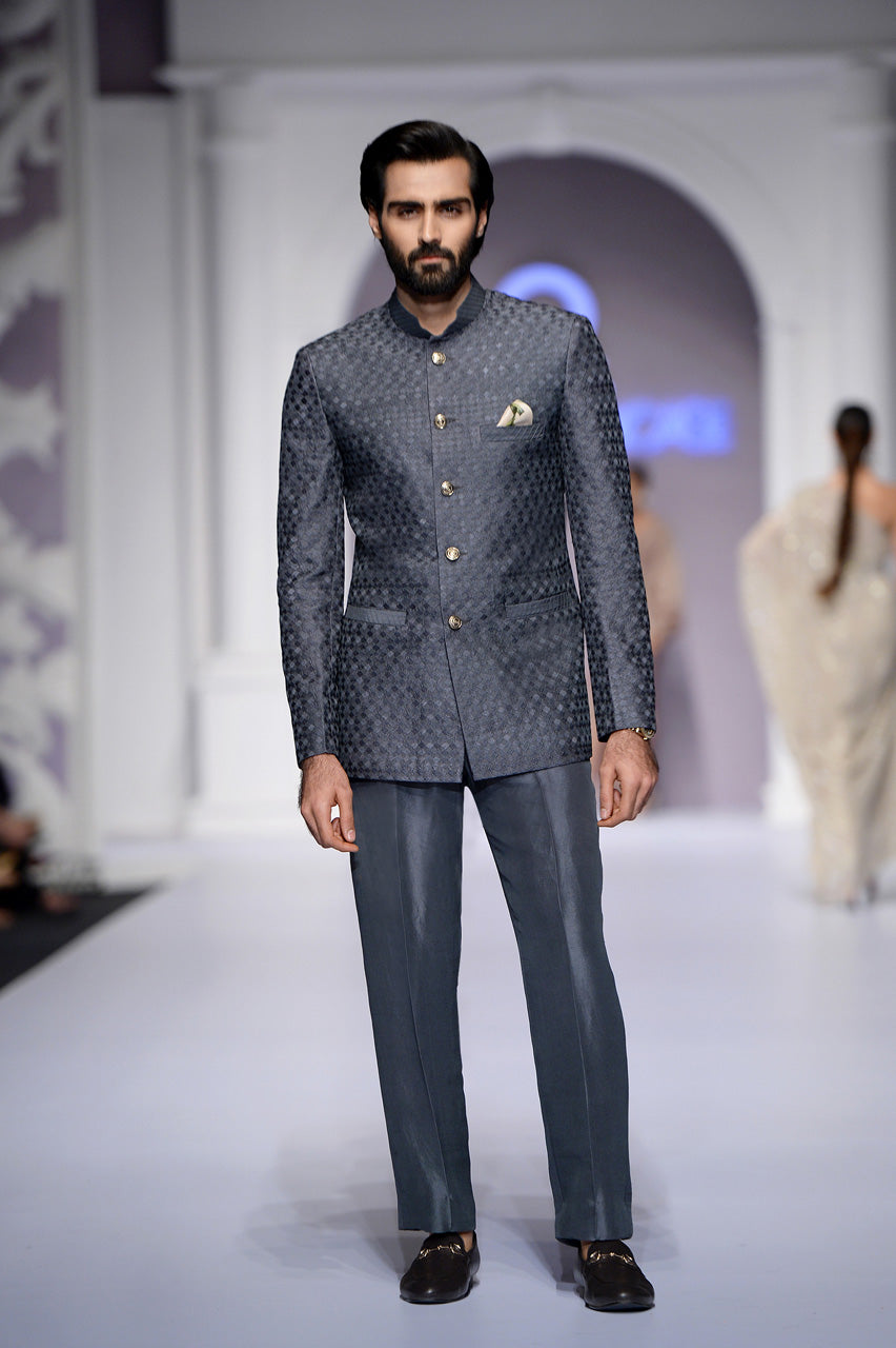 Grey Raw Silk Embroiderd Coat & Pant