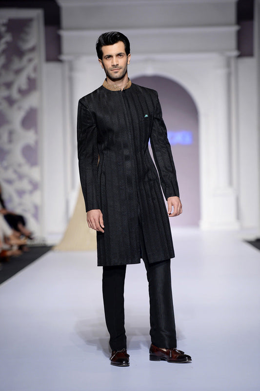 Black Raw Silk Embroidered Sherwani