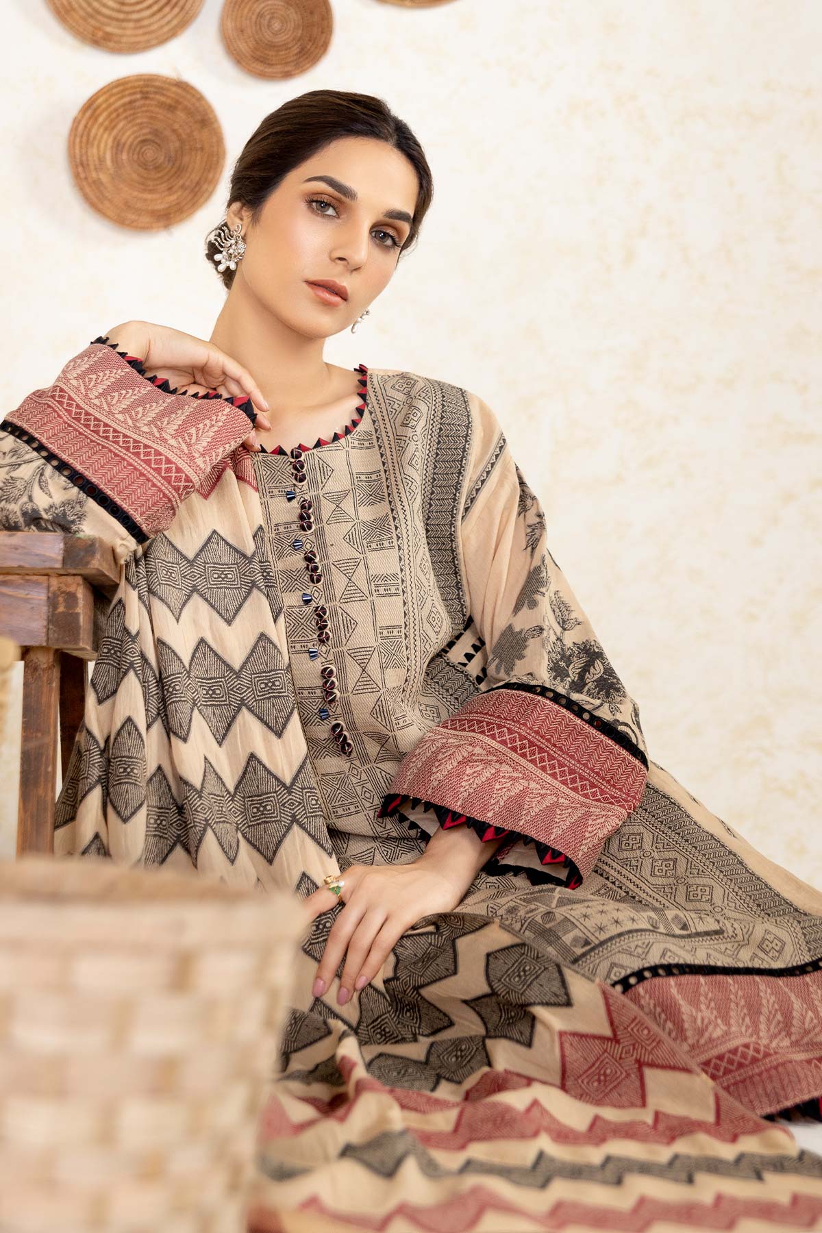 3 Pc Printed Jacquard Suit With Jacquard Dupatta