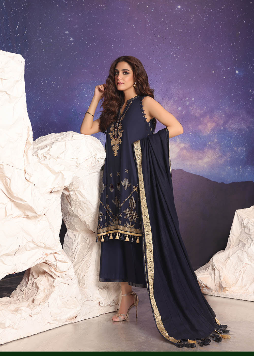3 Pc Embroidered Twill Viscose Suit With Shawl