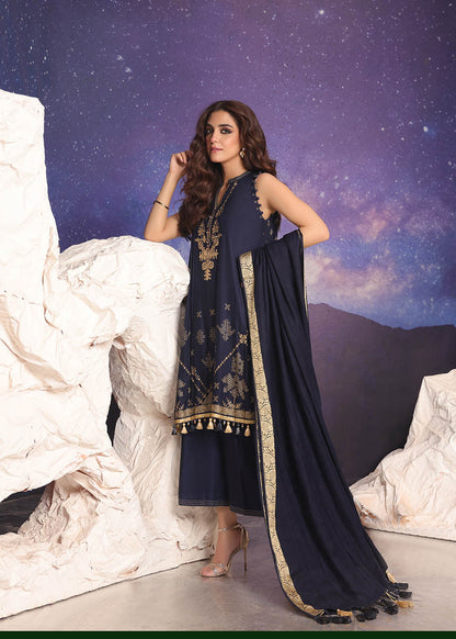 3 Pc Embroidered Twill Viscose Suit With Shawl