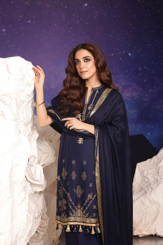 3 Pc Embroidered Twill Viscose Suit With Shawl