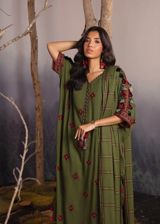 3 Pc Embroidered Twill Viscose Suit With Shawl