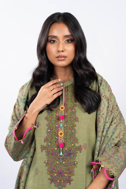 3 PcEmbroidered Khaddar Suit With Shawl
