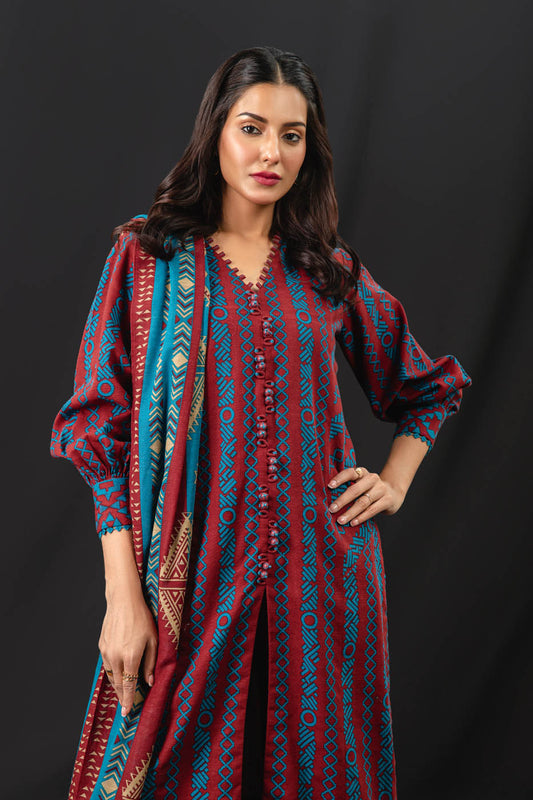 3 Pc Printed Khaddar Suit With Khaddar Dupatta