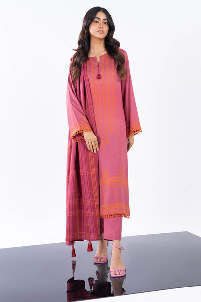 3 Pc Printed Cross Slub Viscose Suit With Shawl