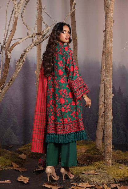 3 Pc Printed Cross Slub Viscose Suit With Shawl