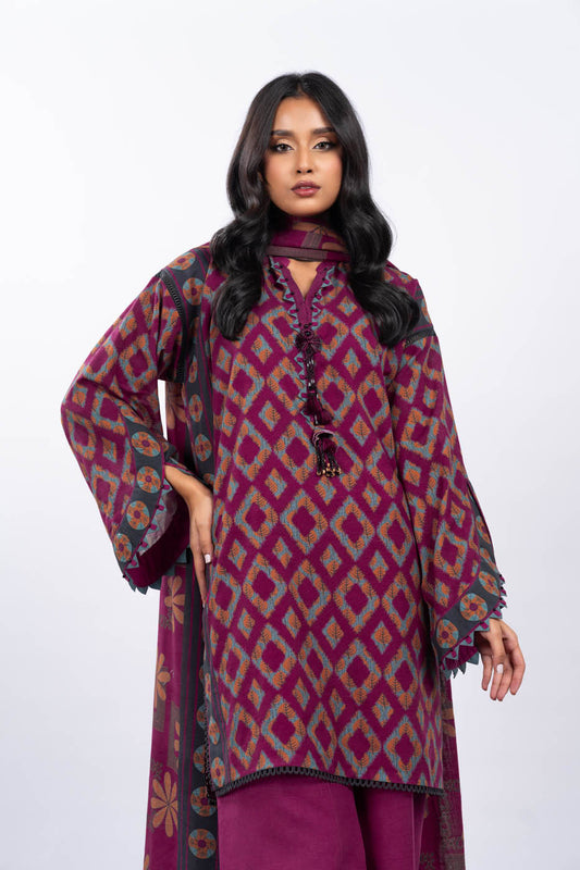 3 Pc Printed Khaddar Suit With Khaddar Dupatta