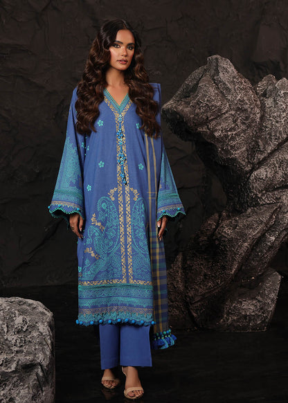 3 Pc Printed Slub Viscose Suit With Shawl