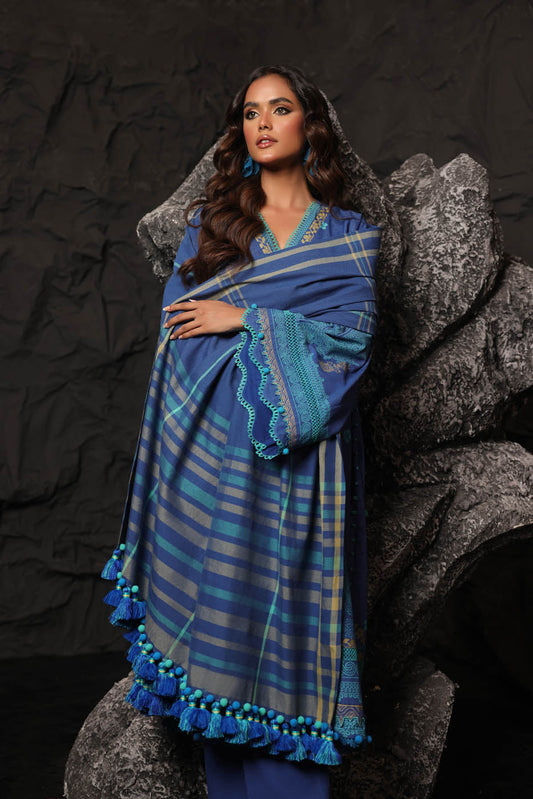 3 Pc Printed Slub Viscose Suit With Shawl