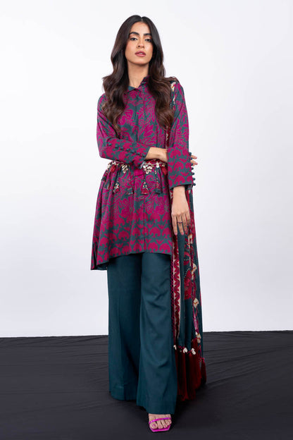 3 Pc Printed Corduroy Suit With Viscose Dupatta