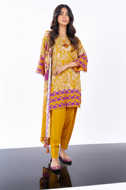 3 Pc Printed Corduroy Suit With Viscose Dupatta