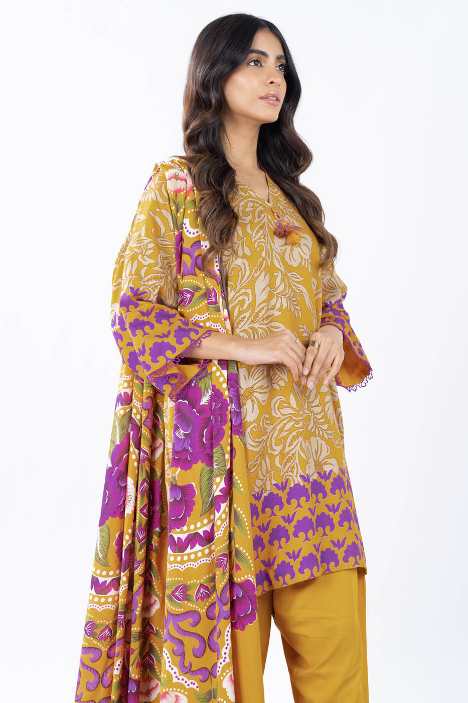 3 Pc Printed Corduroy Suit With Viscose Dupatta