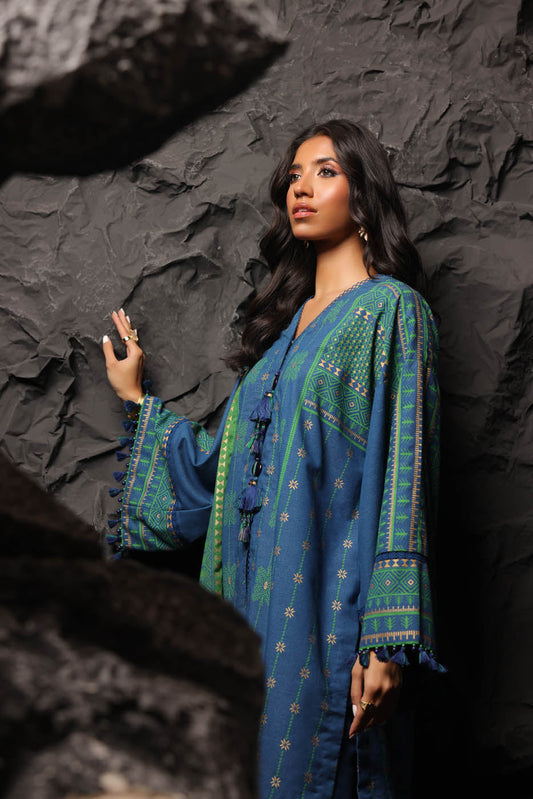 3 Pc Printed Staple Slub Viscose Suit With Herringbone Shawl