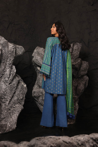 3 Pc Printed Staple Slub Viscose Suit With Herringbone Shawl