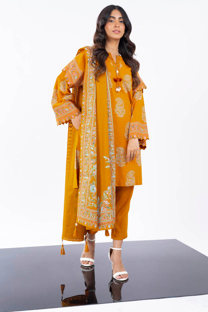 3 Pc Printed Slub Viscose Suit With Shawl