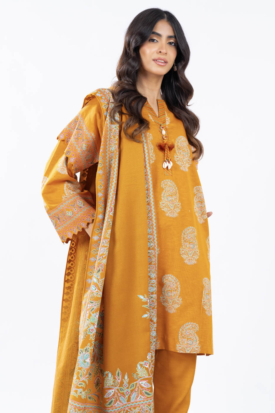 3 Pc Printed Slub Viscose Suit With Shawl