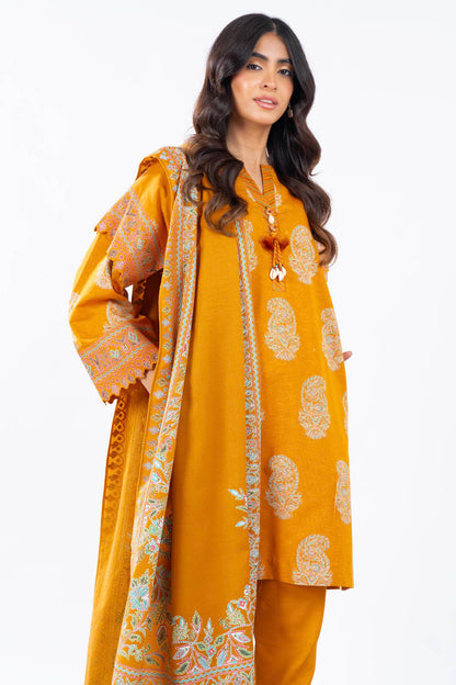 3 Pc Printed Slub Viscose Suit With Shawl