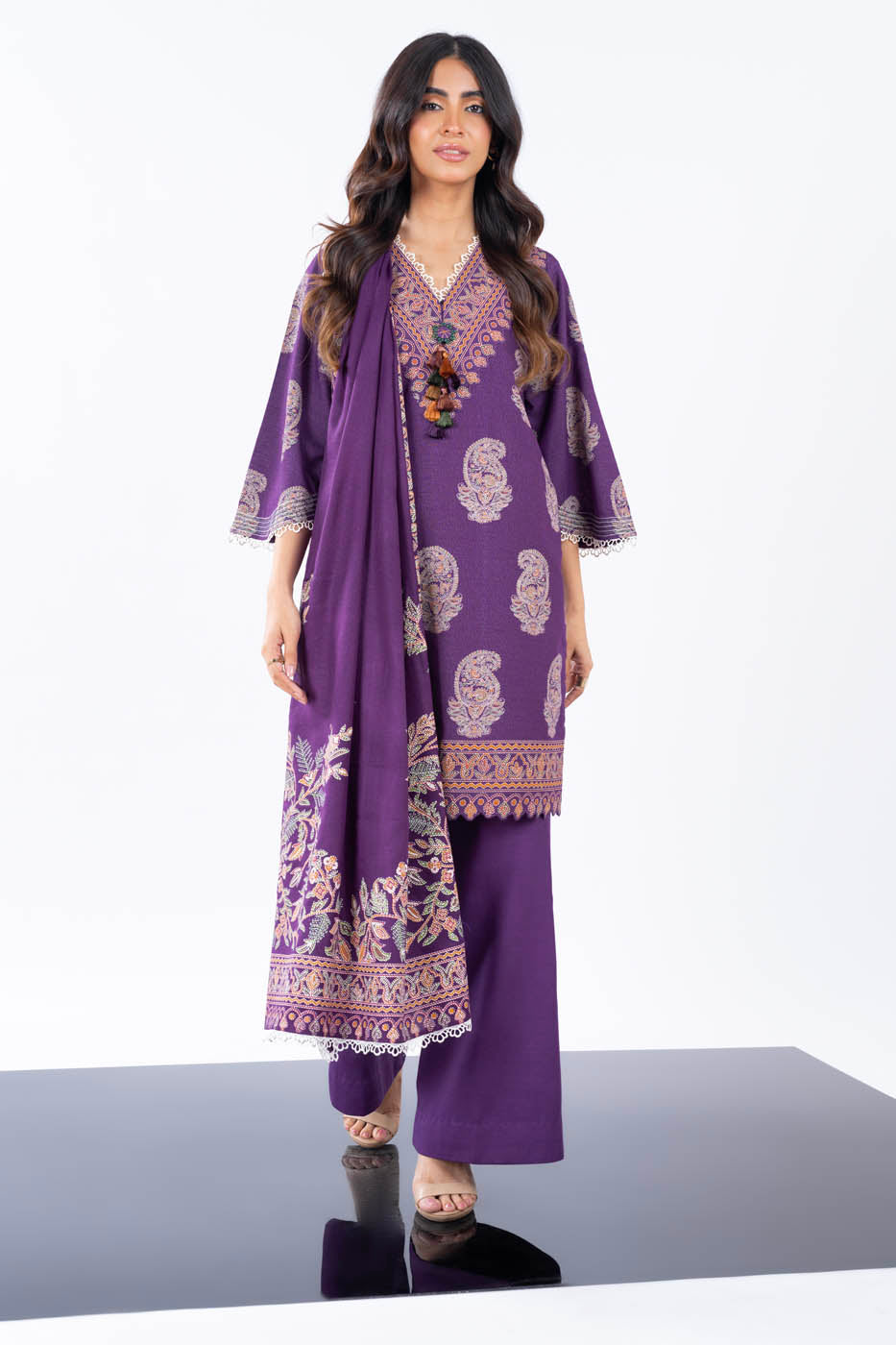 3 Pc Printed Slub Viscose Suit With Shawl