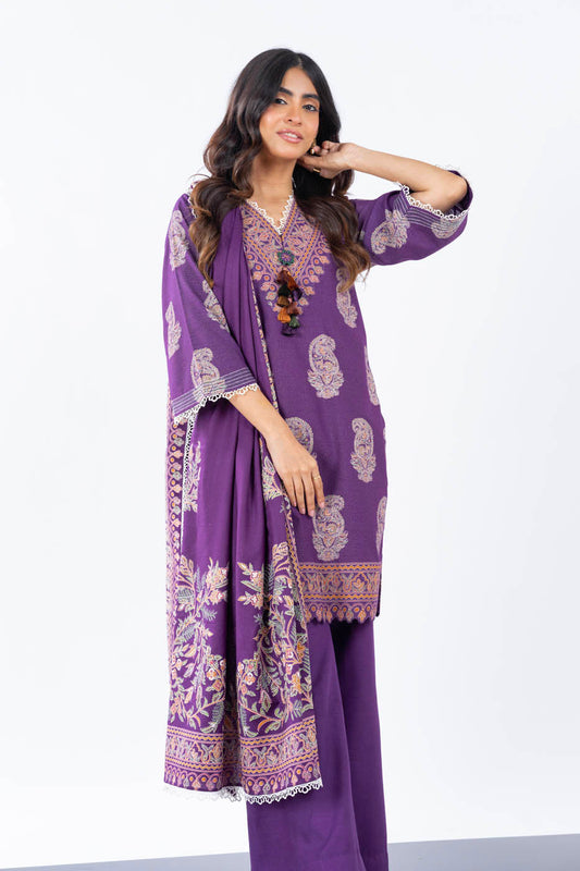 3 Pc Printed Slub Viscose Suit With Shawl