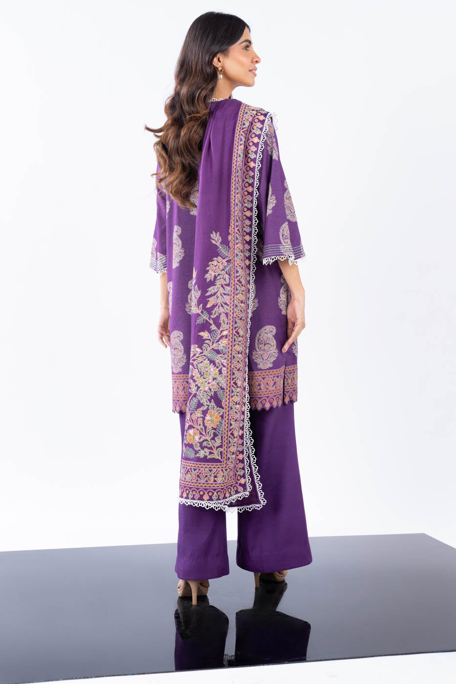 3 Pc Printed Slub Viscose Suit With Shawl