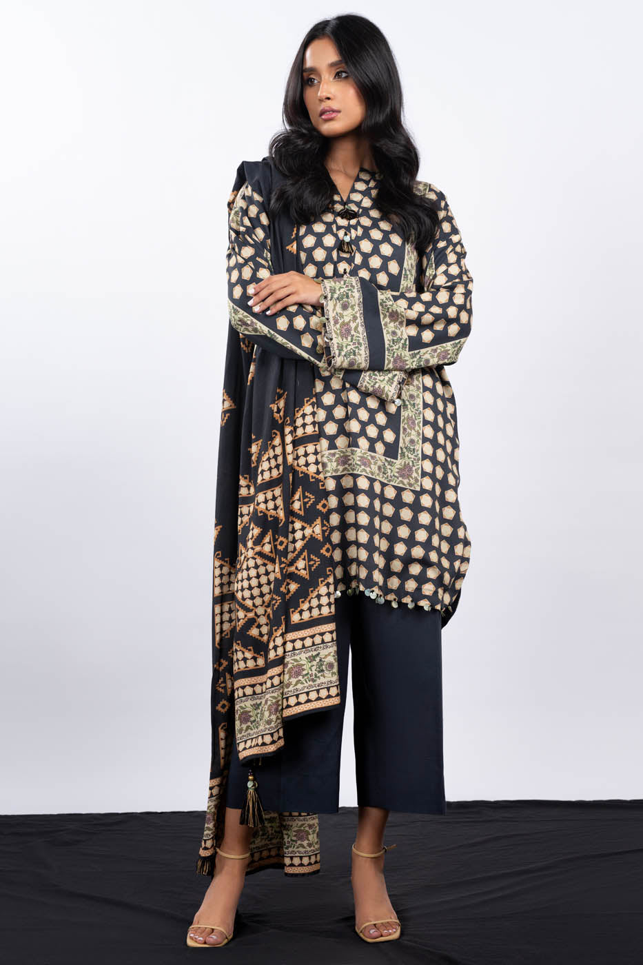 3 Pc Printed Corduroy Suit With Viscose Dupatta